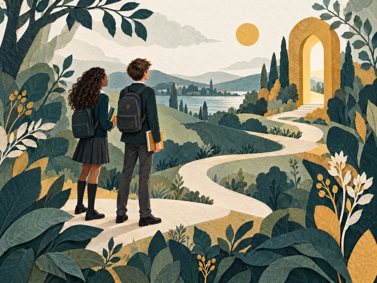 Paper-cut illustration of two young people finding their own path towards a golden doorway