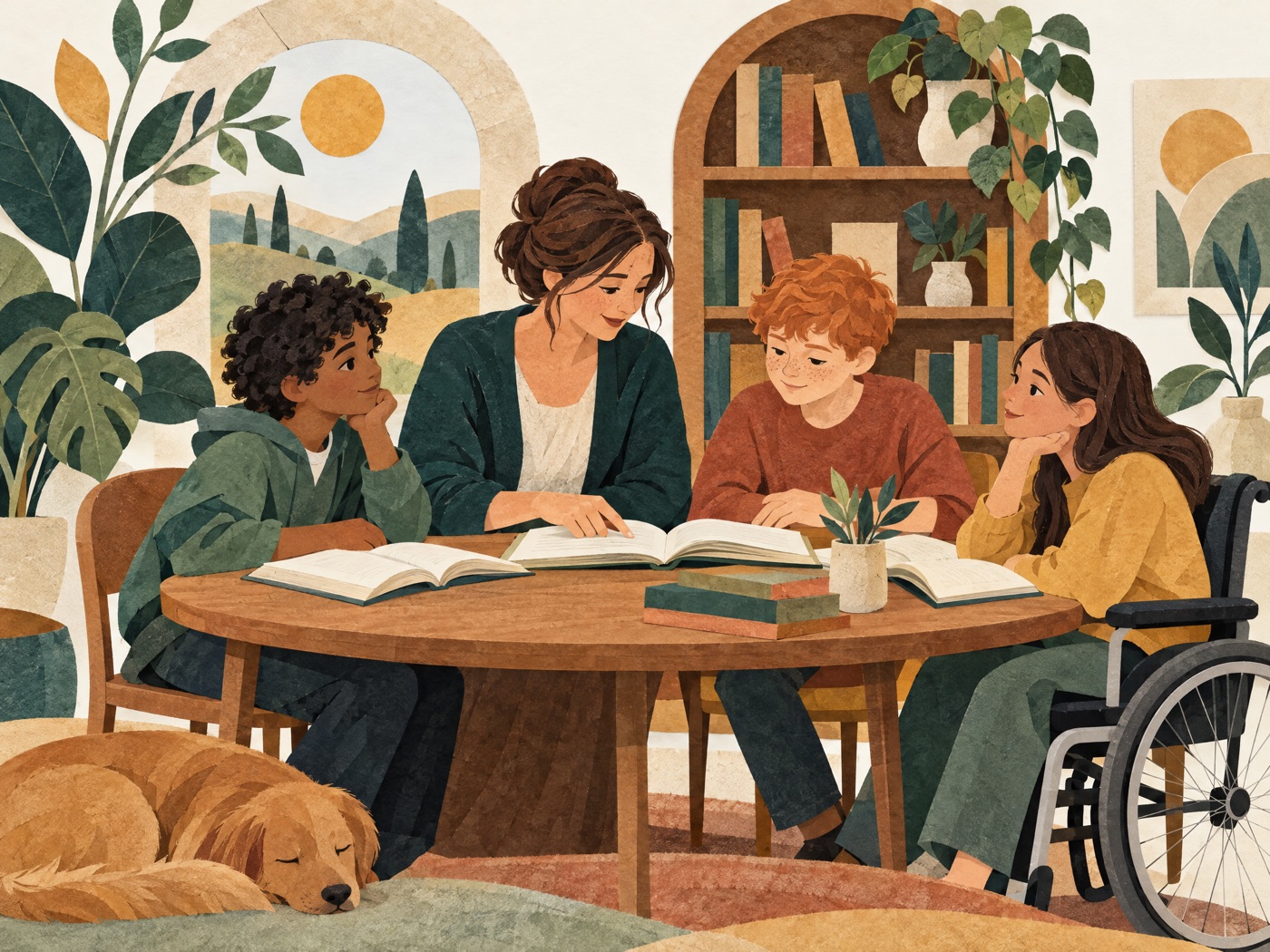 Paper-cut illustration of a tutor and three children learning together around a table